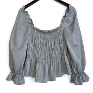 WHO WHAT WEAR Ruched Peplum Top Medium Balloon Sleeve Chambray Twilight‎